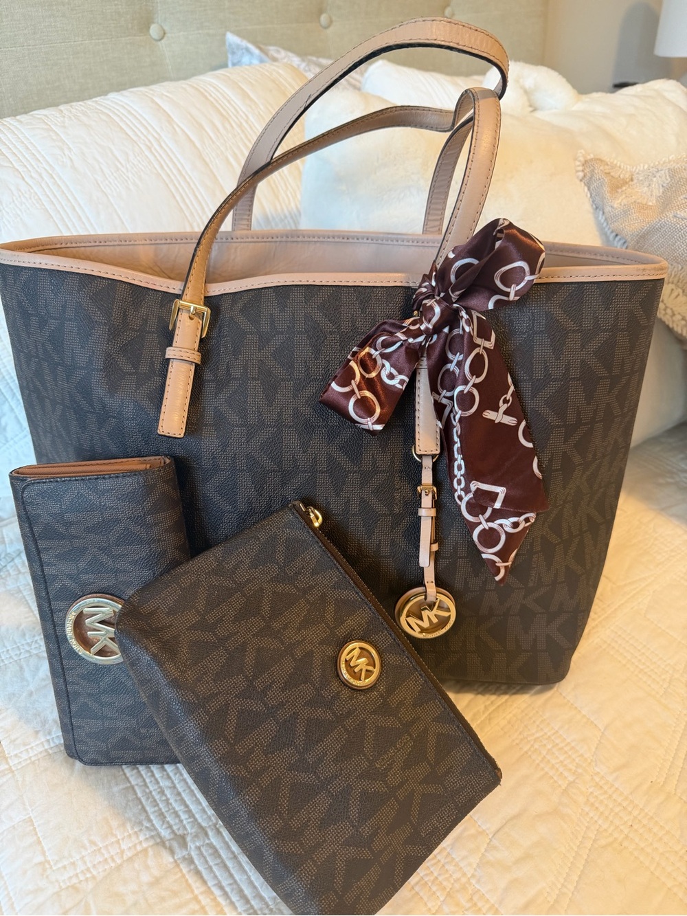 Michael Kors Bundle Jet Set Tote, Logo Wallet, and Fulton Zipper Pouch